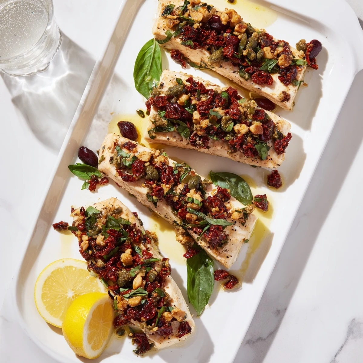 Golden baked mahi mahi fillets topped with vibrant sun-dried tomato and fresh basil mixture