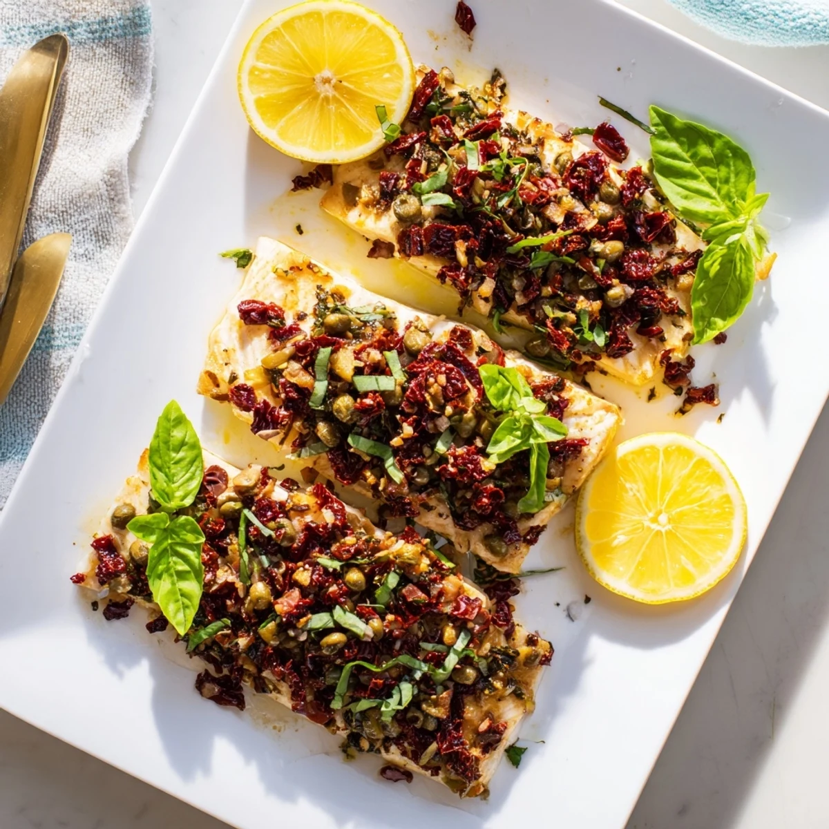 Mediterranean-style mahi mahi with zesty sun-dried tomatoes, capers, and fragrant basil garnish