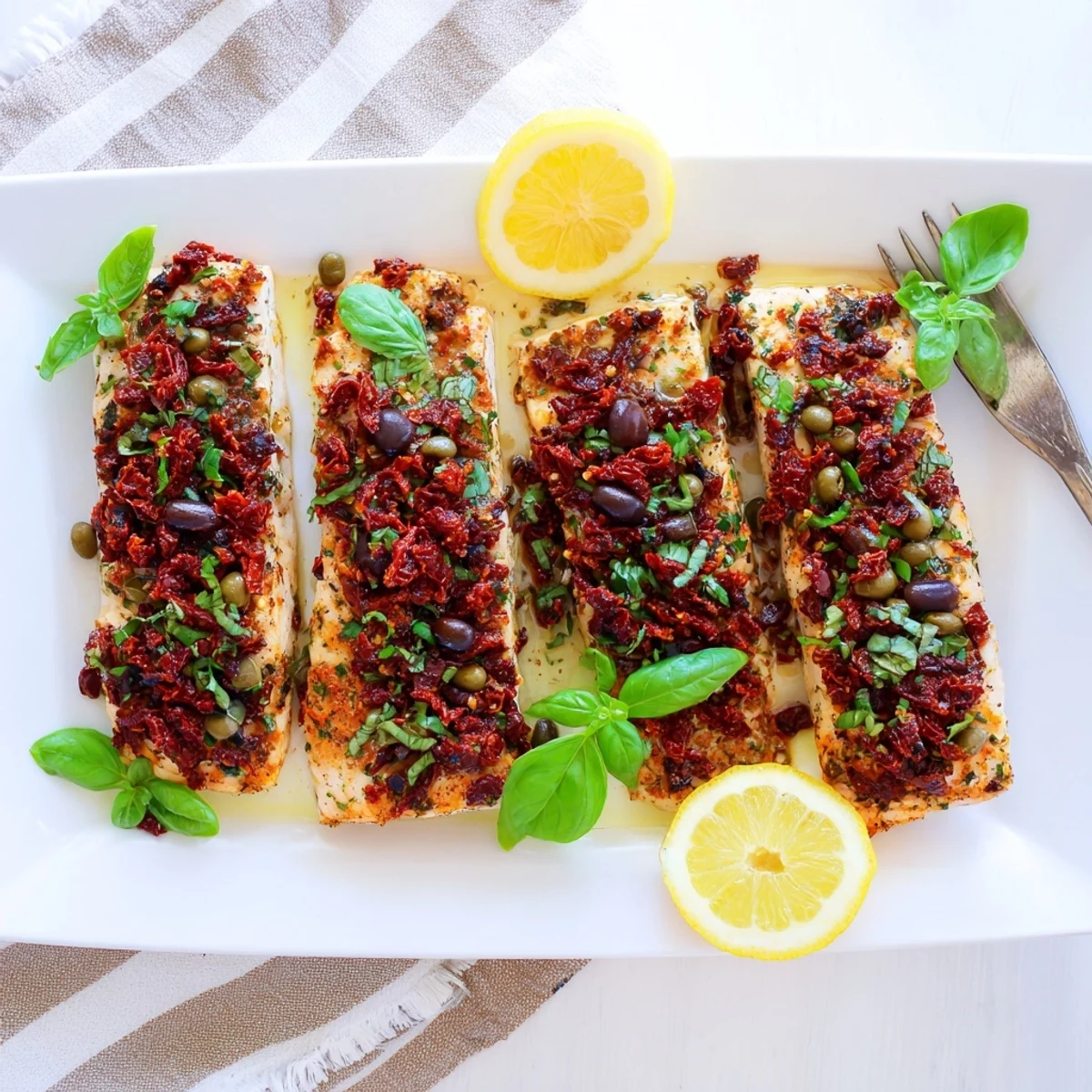Oven-roasted mahi mahi fish fillets crowned with chopped sun-dried tomatoes and bright green basil