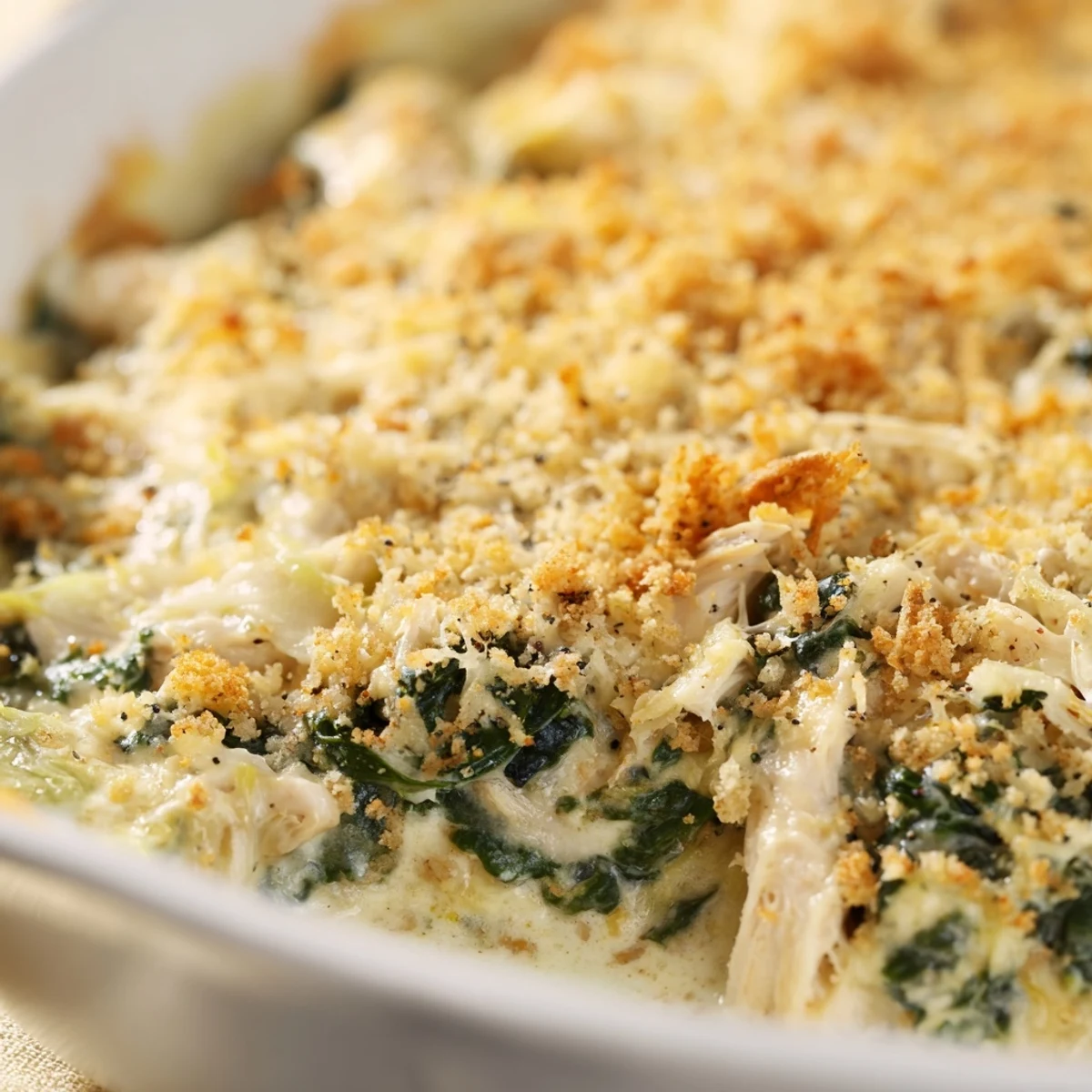 Creamy high protein spinach and artichoke chicken casserole served fresh from the oven with bubbling cheese topping