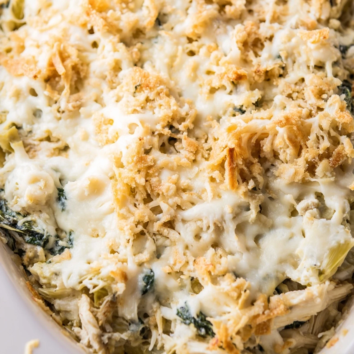 Golden brown spinach and artichoke chicken casserole topped with melted mozzarella cheese in a baking dish