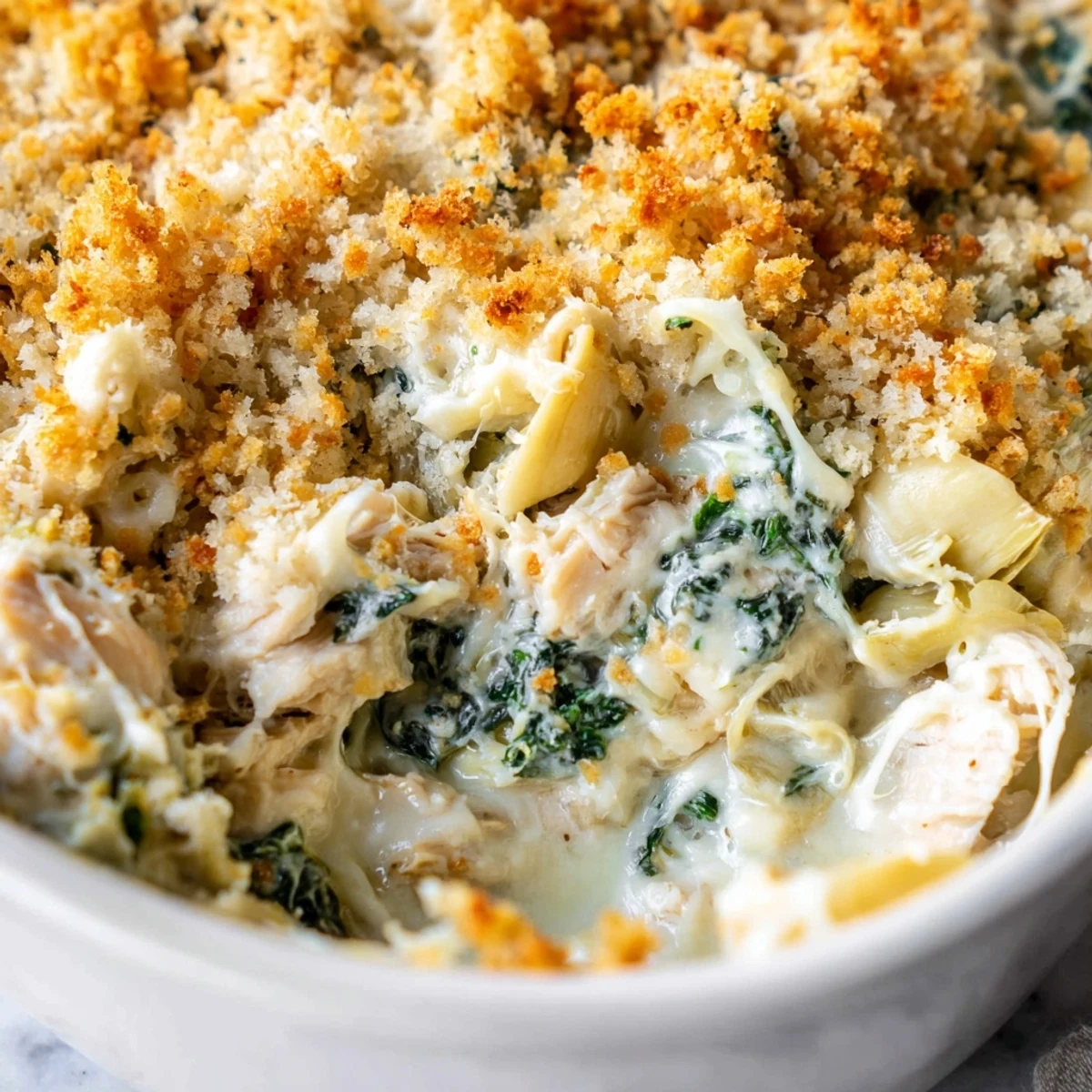 Hearty spinach and artichoke chicken casserole with tender shredded chicken and golden breadcrumb crust on white ceramic platter