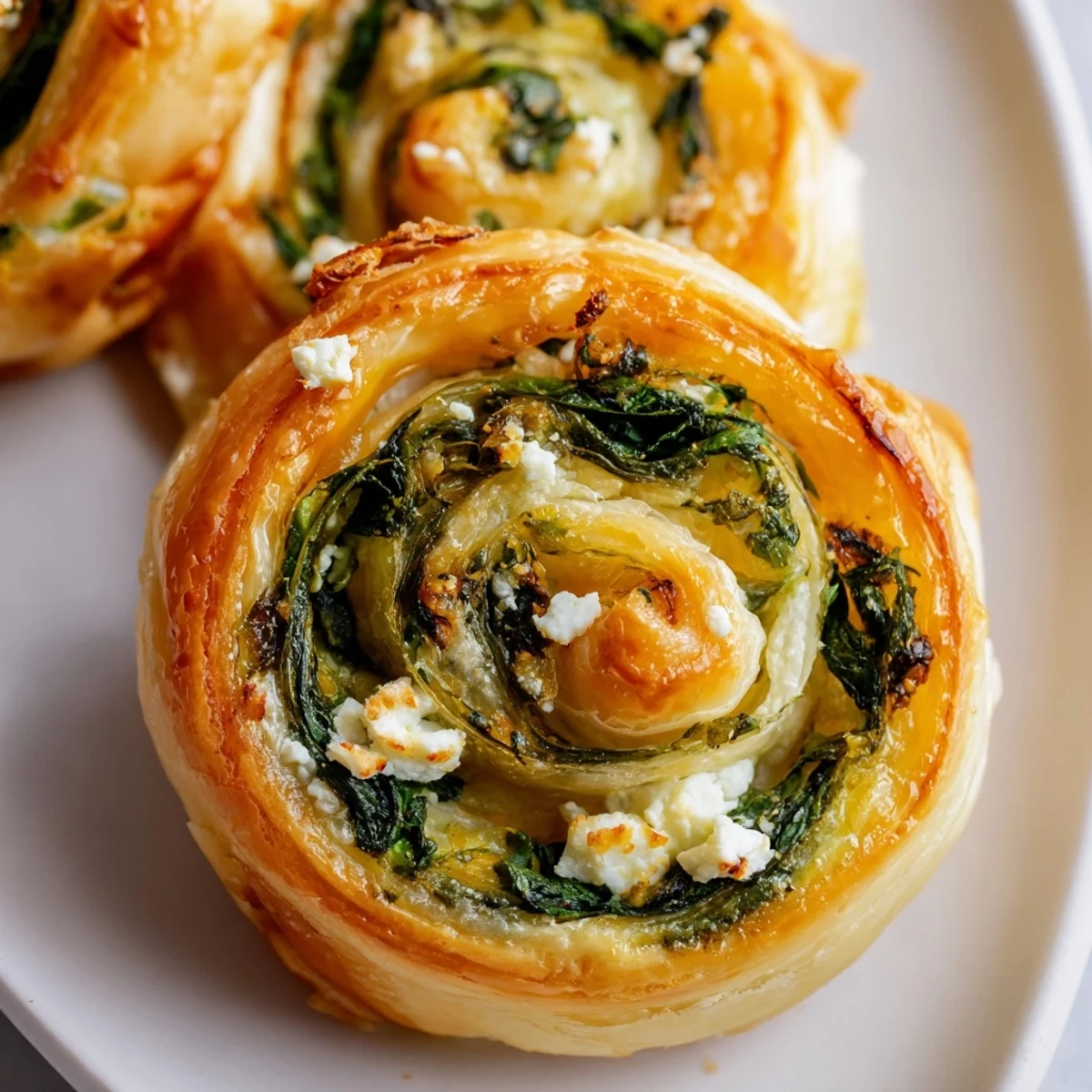Golden baked gluten free spinach and feta pinwheels arranged on a wooden serving board