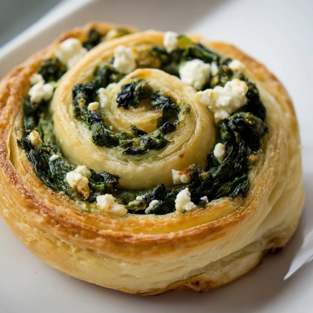 Flaky spiral pastry filled with vibrant green spinach and creamy feta, freshly baked to perfection