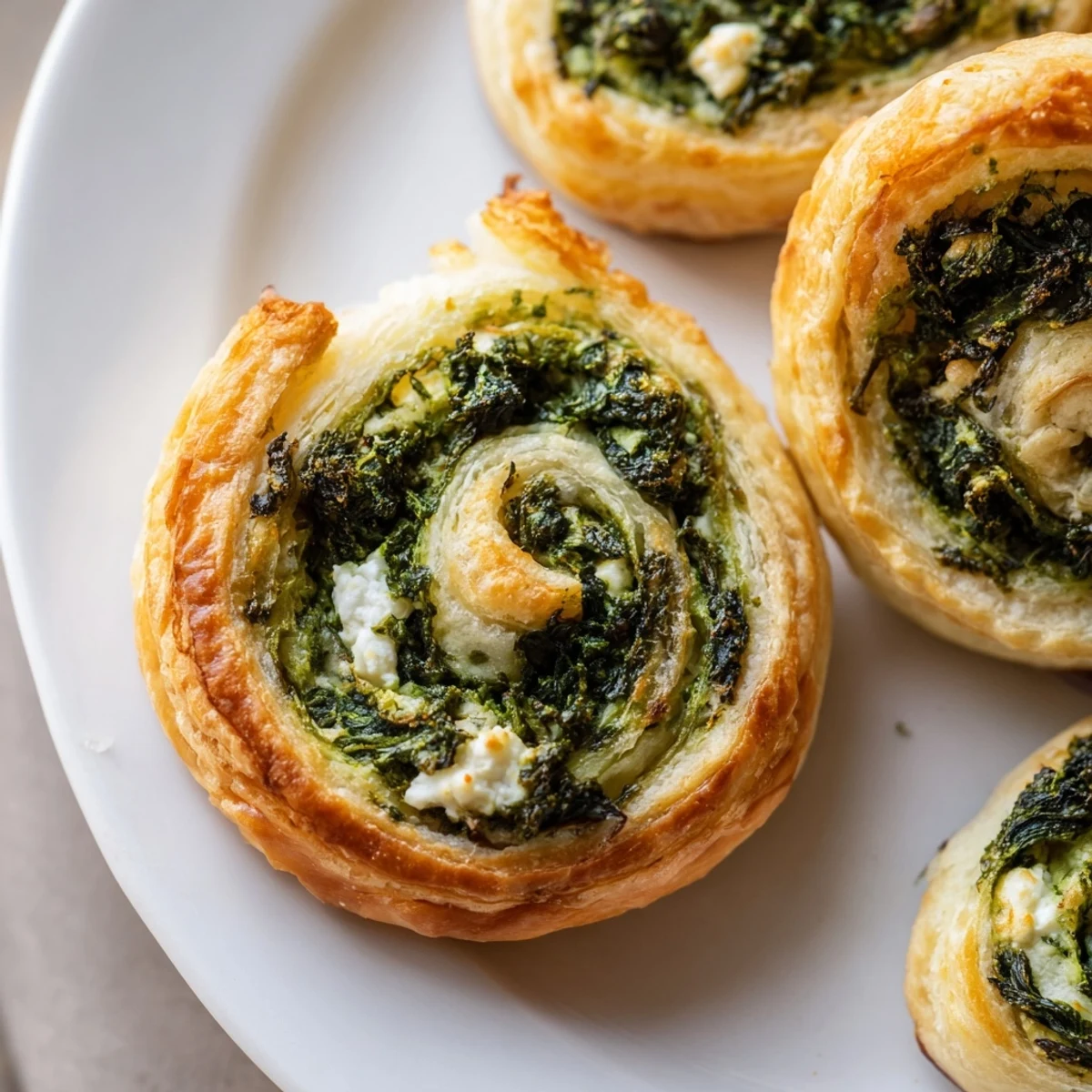 Close up of savory gluten free spinach and feta pinwheels with golden crust and herb filling