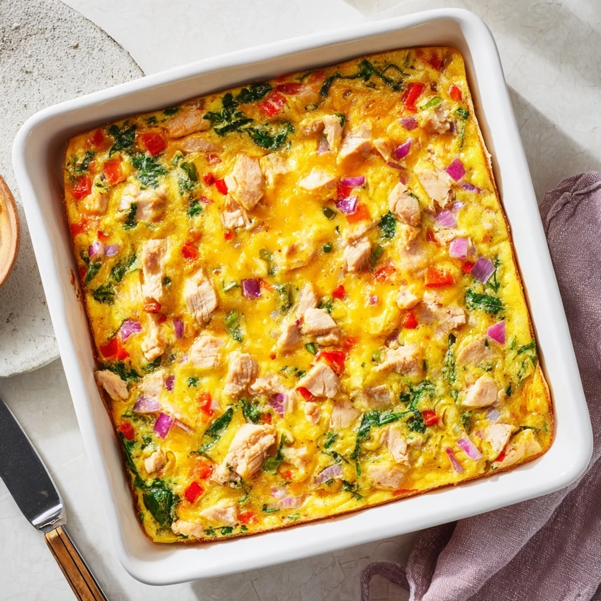 Golden high protein egg casserole with melted cheddar, spinach, and diced bell peppers freshly baked