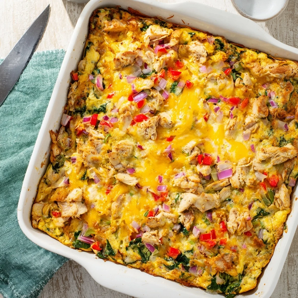 Sliced high protein egg casserole featuring cottage cheese and sausage on a white serving plate