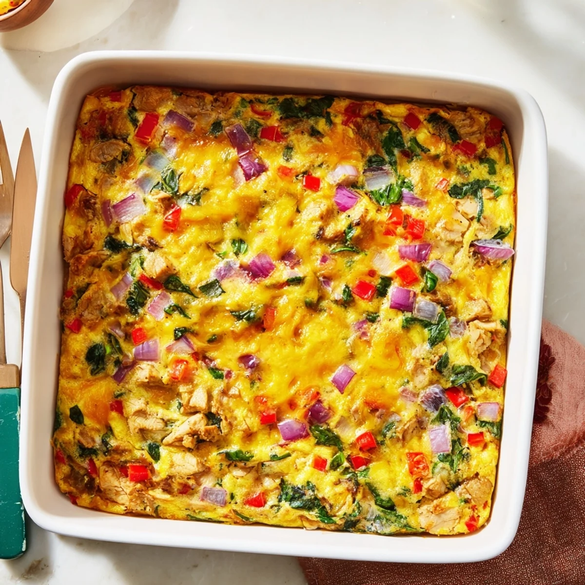 Fluffy high protein egg casserole emerges from the oven with golden edges and vibrant vegetables