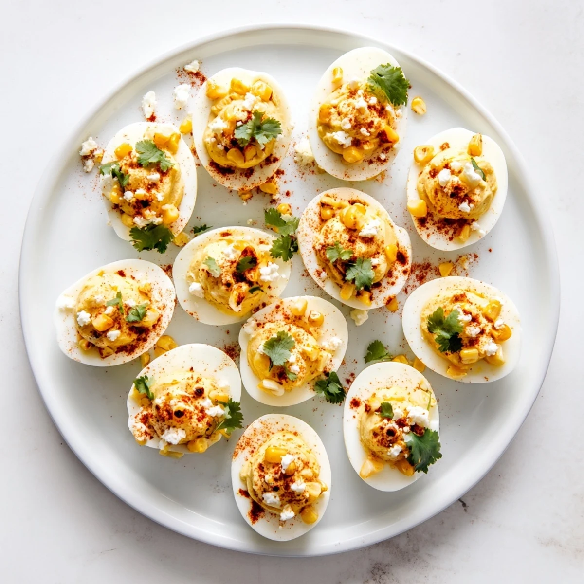 Mexican street corn deviled eggs topped with golden corn kernels, crumbled Cotija cheese, and fresh cilantro