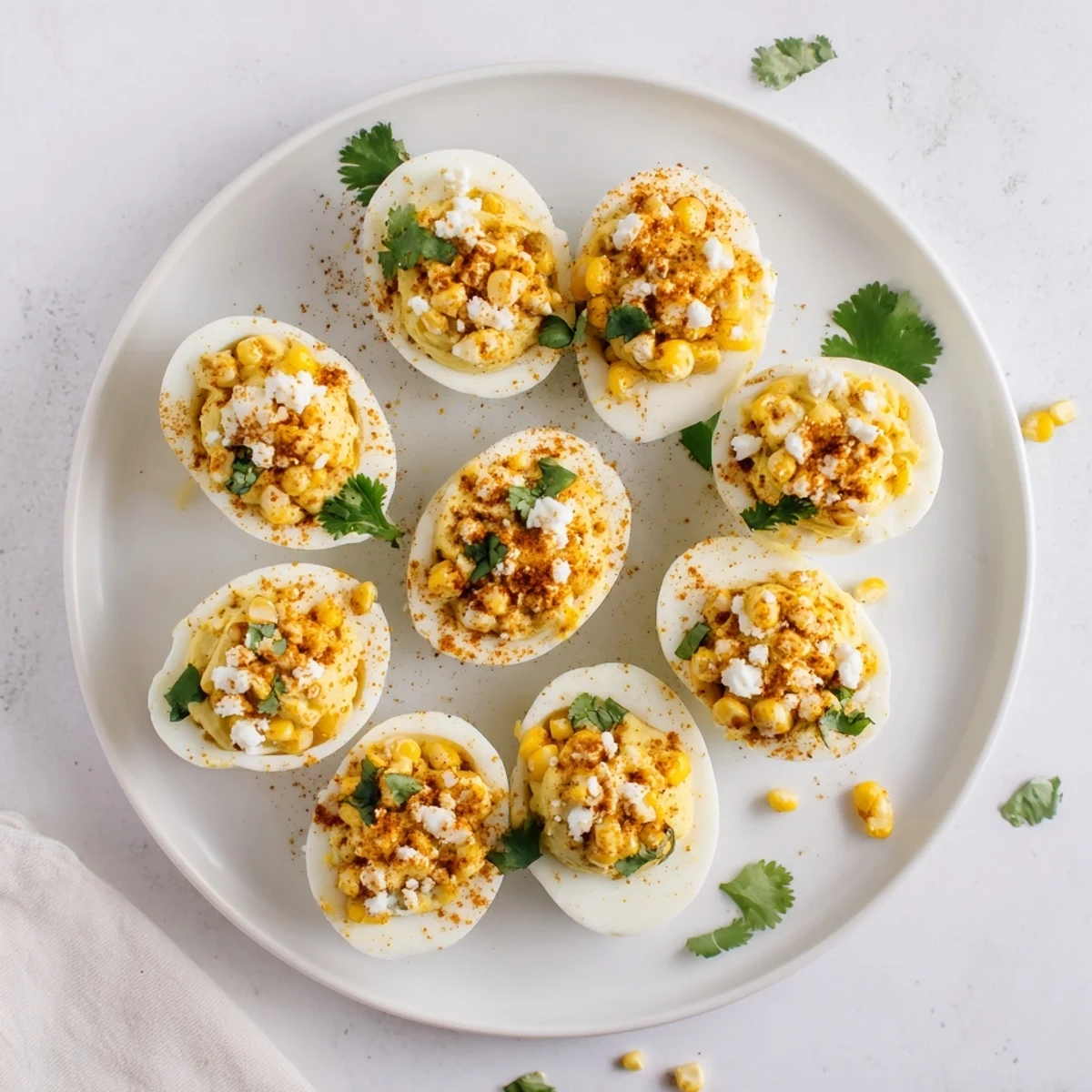 Creamy Mexican street corn deviled eggs garnished with chili powder, lime wedges, and charred corn pieces