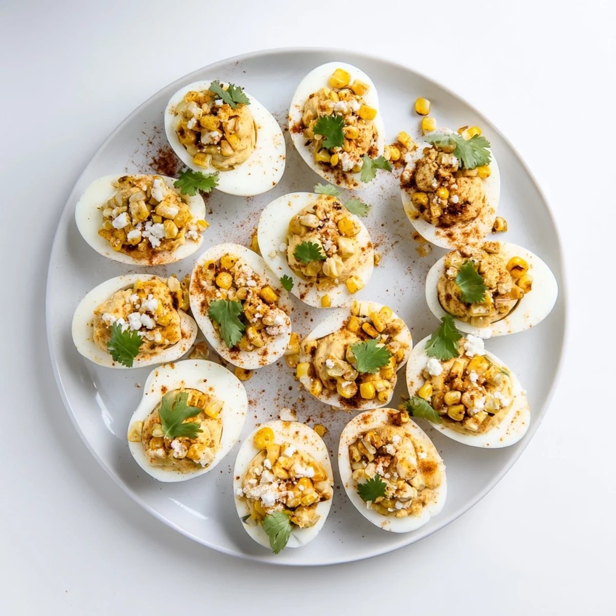 Platter of Mexican street corn deviled eggs sprinkled with Tajín seasoning and bright green cilantro