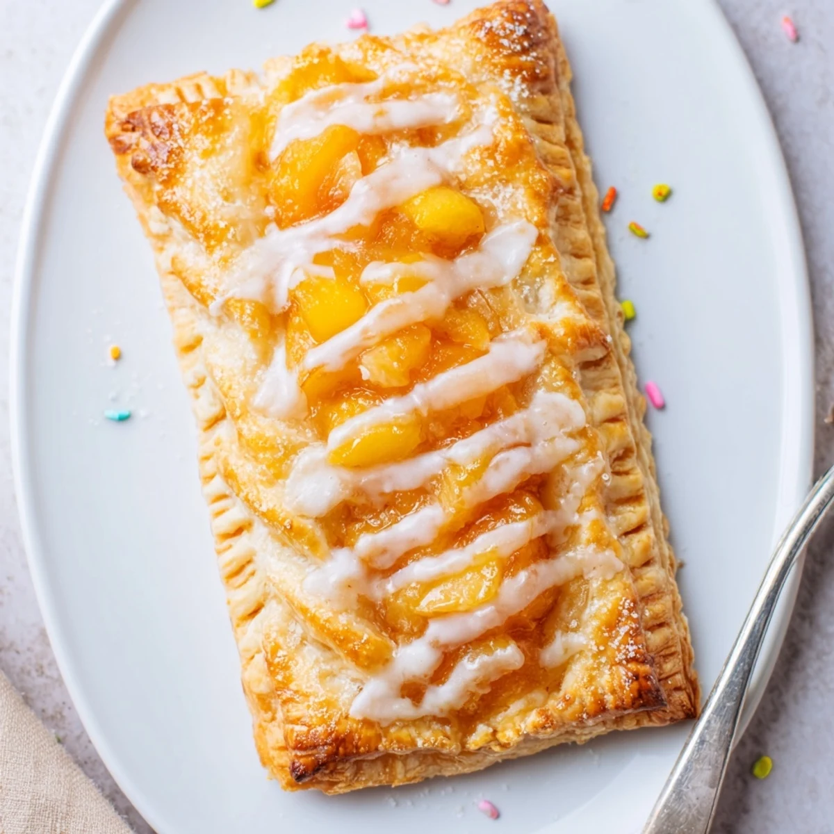 Homemade Peach Pop Tarts Classic sliced open to reveal steaming peach filling
