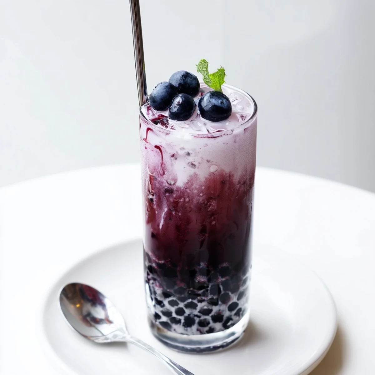 Blueberry Milk Tea Cooler with glossy tapioca pearls, icy glass, fresh blueberries