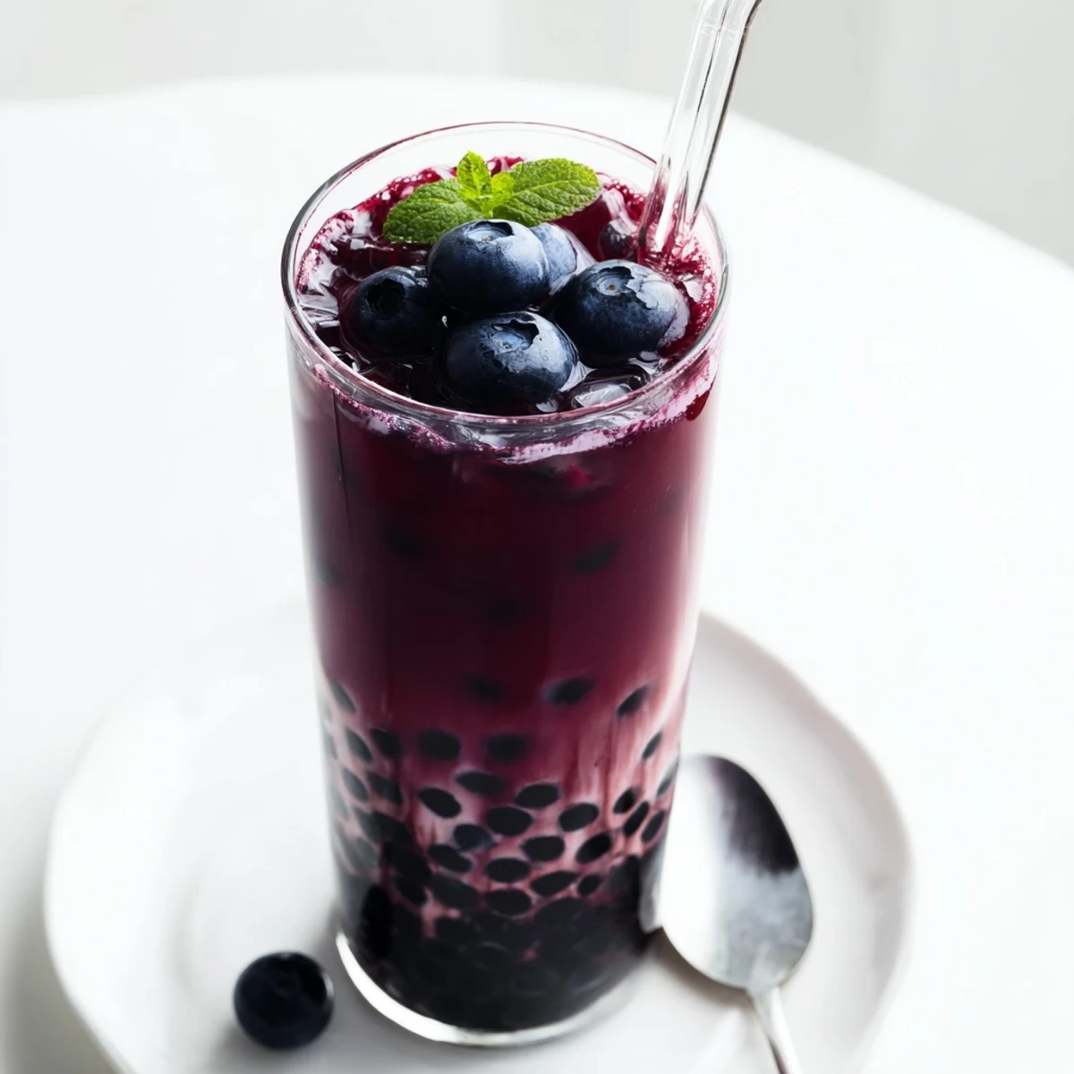 Creamy Blueberry Milk Tea Cooler layered with brewed black tea, sweet syrup