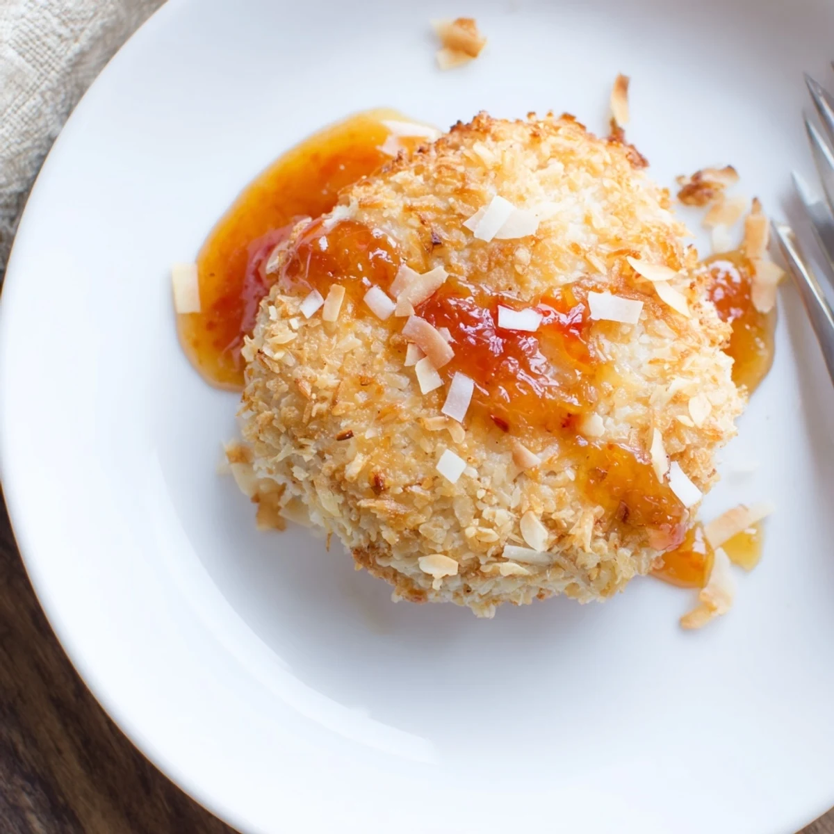 Coconut Chicken With Apricot Sauce, golden crust and glossy sweet tangy drizzle