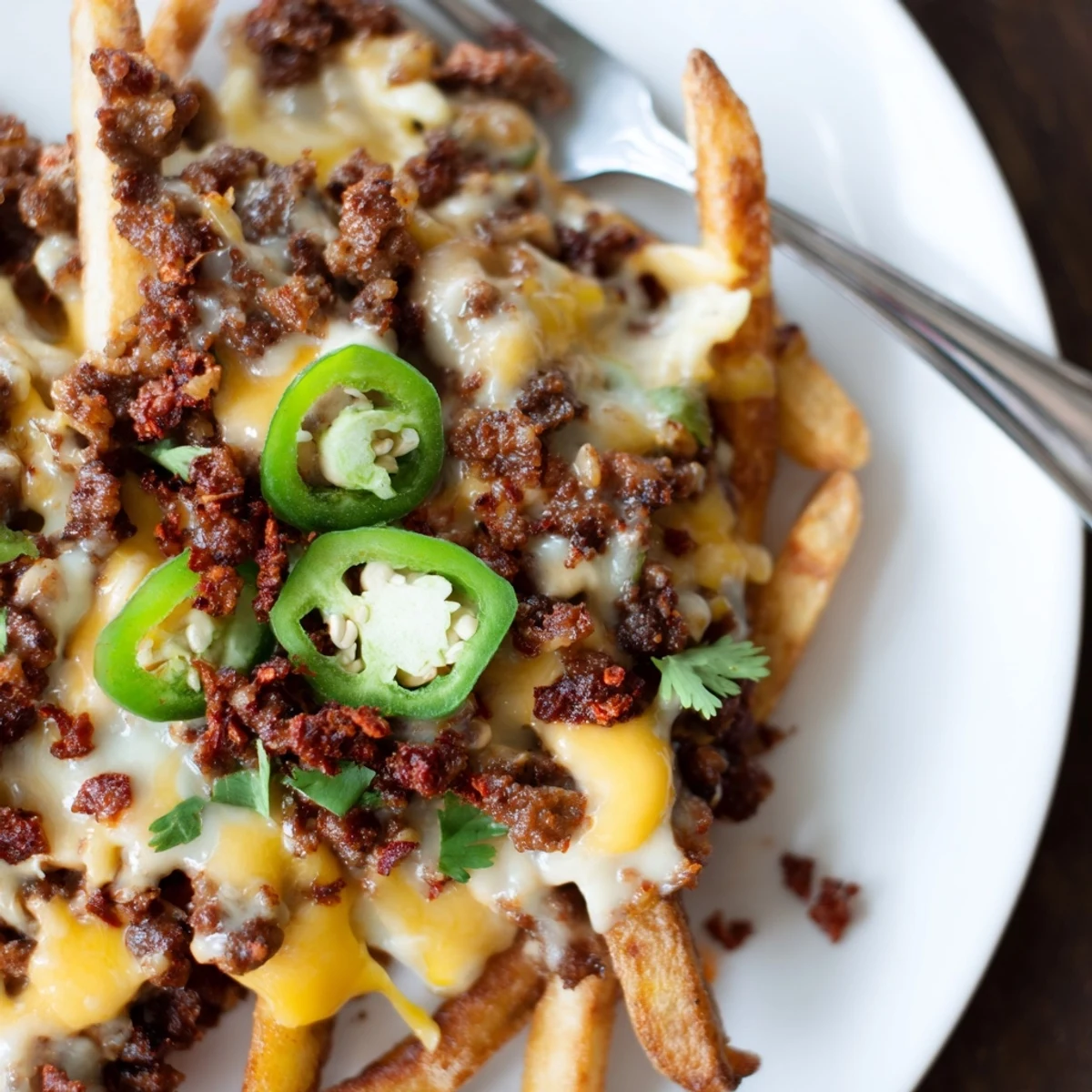 Crispy Chorizo Queso Dip Fries topped with cilantro, jalapeño slices for sharing