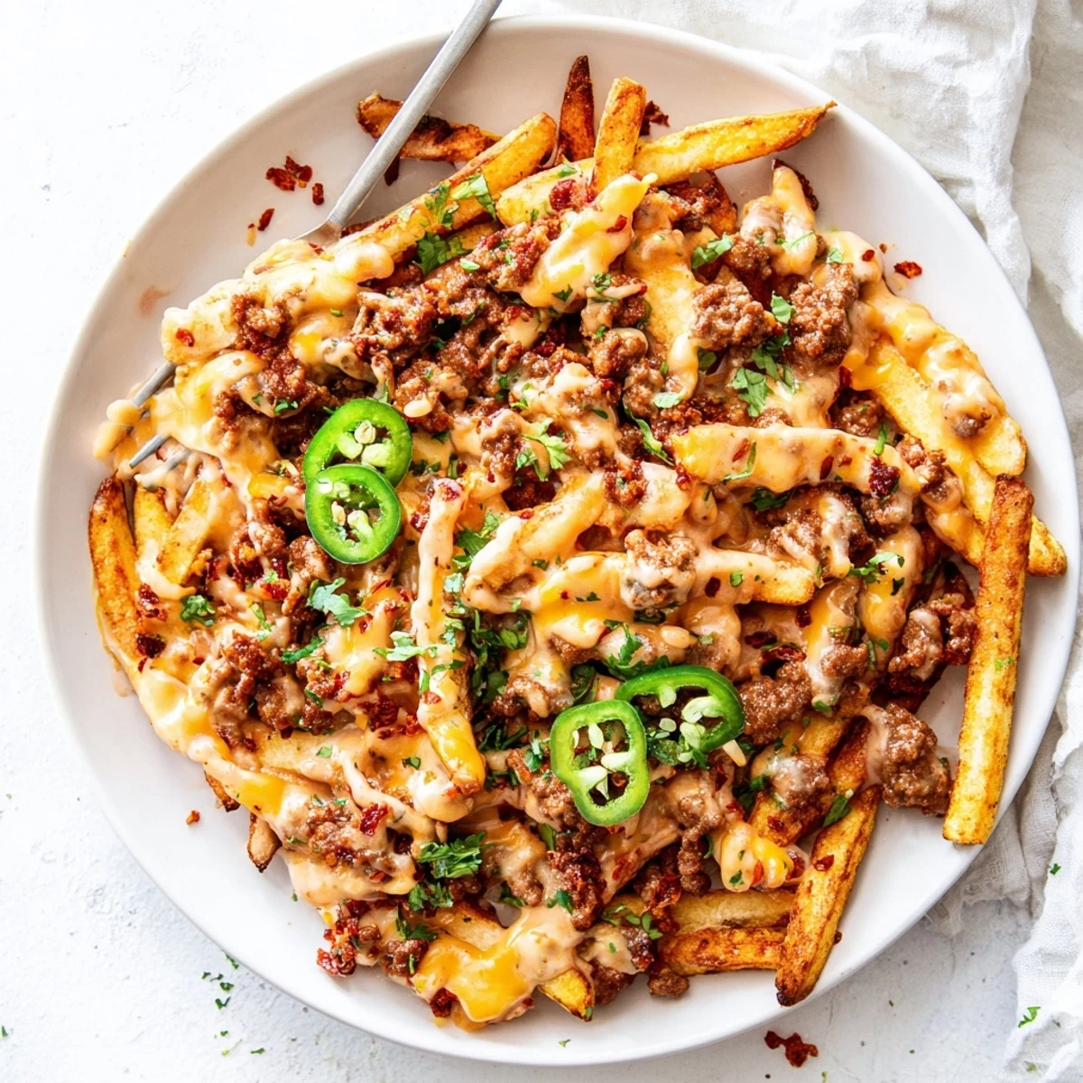Chorizo Queso Dip Fries hot on platter, gooey cheese over crisp potatoes