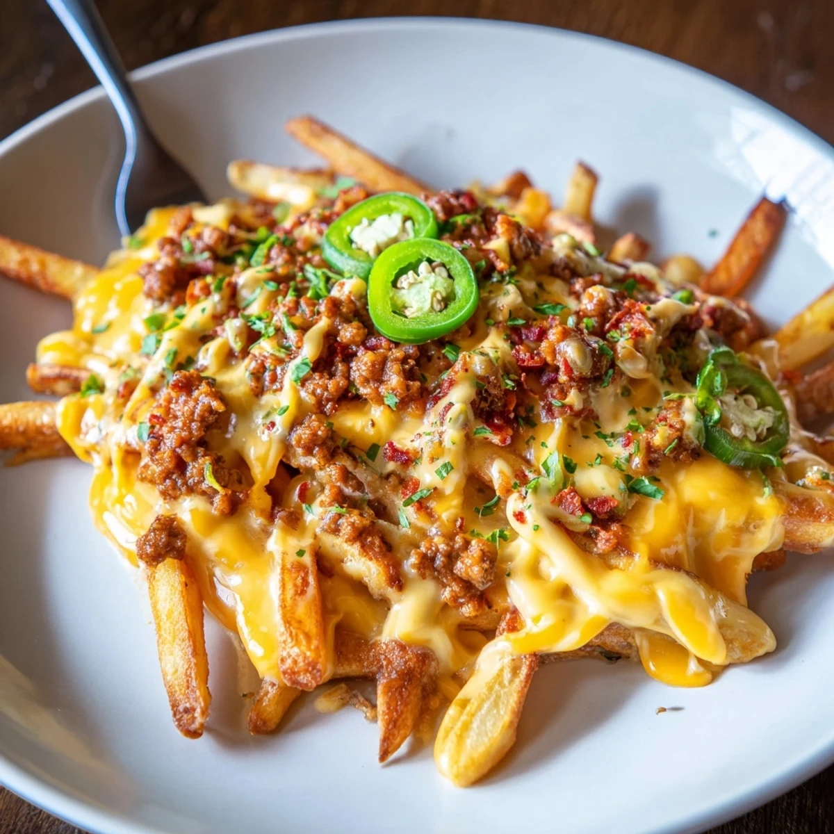 Oven-baked Chorizo Queso Dip Fries served steaming, savory chorizo and melted cheddar