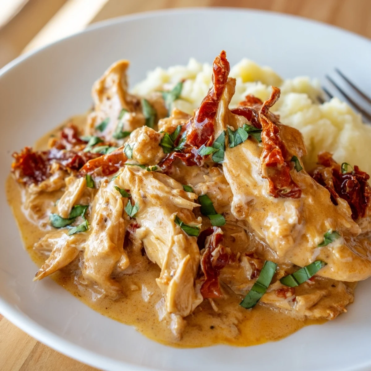 Dump And Go Crockpot Marry Me Chicken tender breasts shredded over mashed potatoes