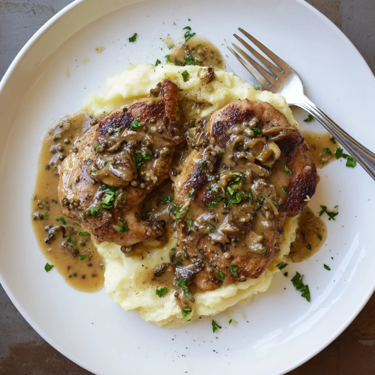 French Mustard Chicken in creamy Dijon sauce, golden seared breasts, parsley garnish