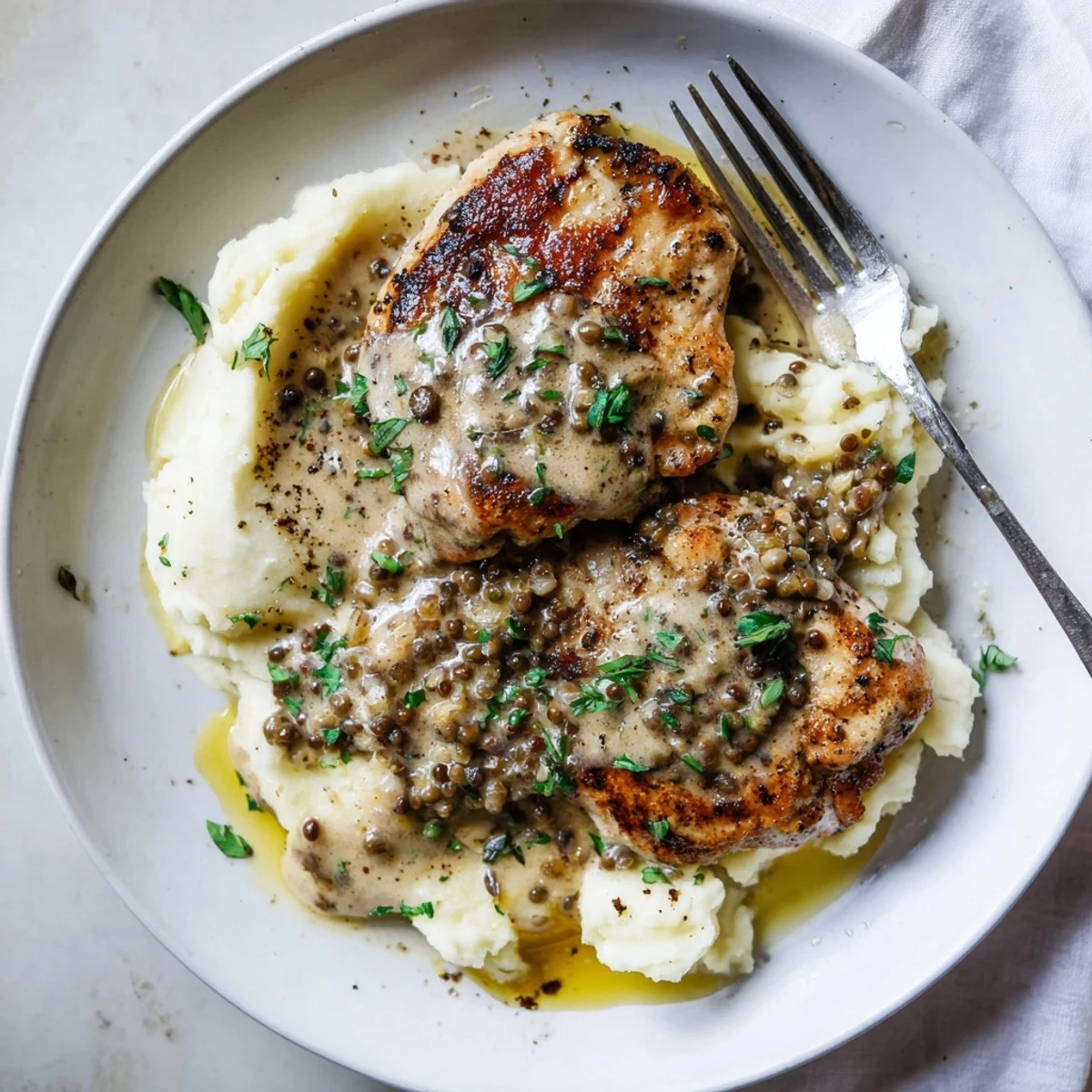 Herb-topped French Mustard Chicken, tender breasts bathed in tangy creamy mustard