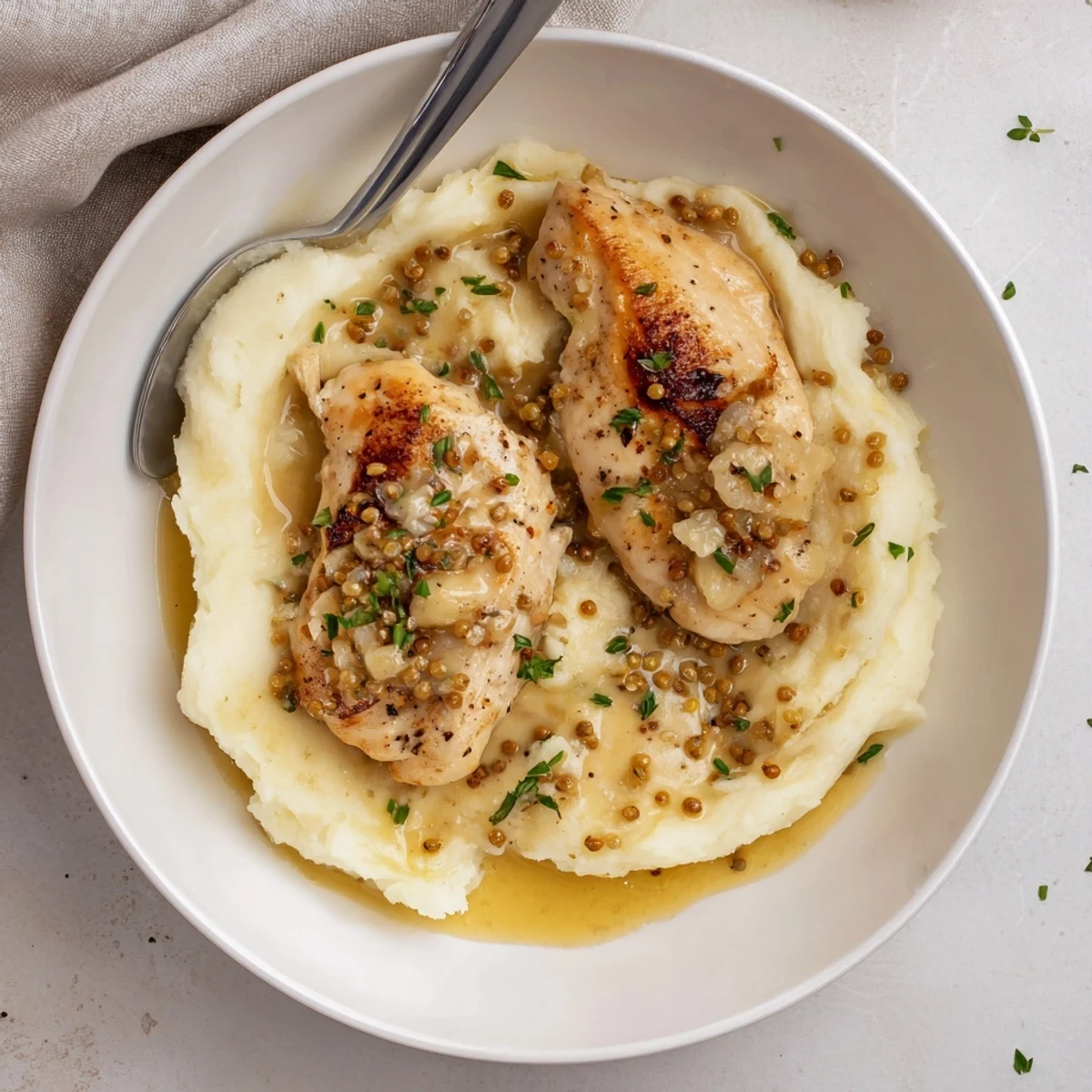 Spoon-ready French Mustard Chicken simmering in sauce, served with mashed potatoes