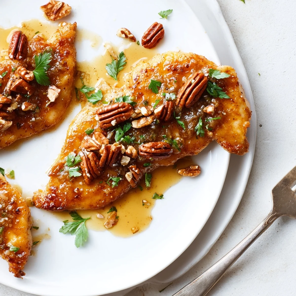 Honey Garlic Pecan Chicken glazed in glossy sauce, toasted pecans, served with rice