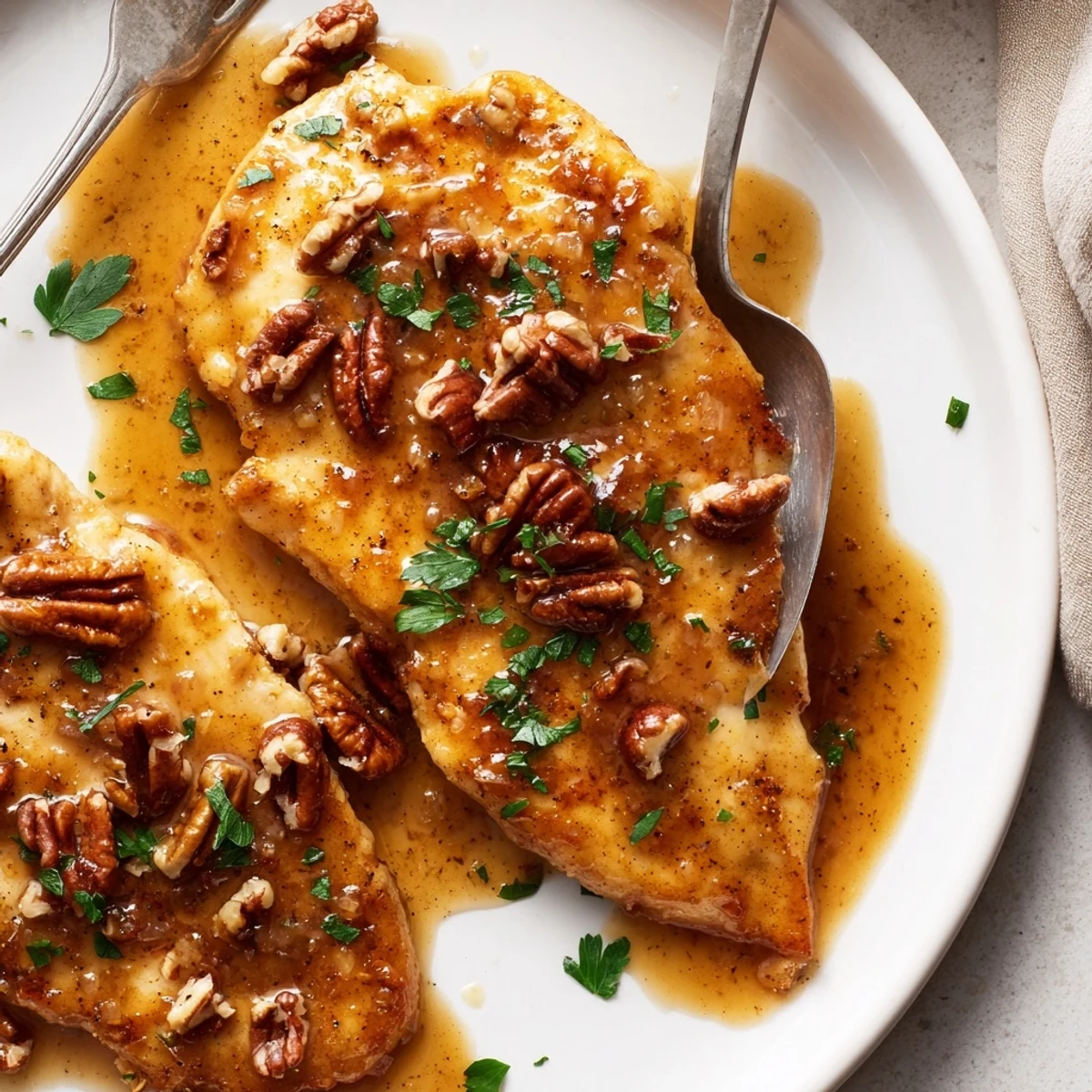 Pan-seared Honey Garlic Pecan Chicken with fragrant garlic, buttery sauce, parsley garnish