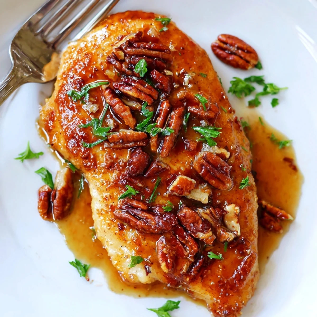 Crispy-edged Honey Garlic Pecan Chicken topped with crunchy toasted pecans, lemon wedge