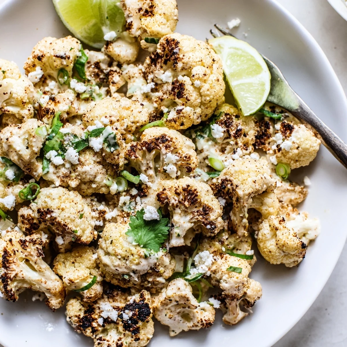 Charred Cauliflower Elote piled on platter, creamy sauce, cotija and lime.