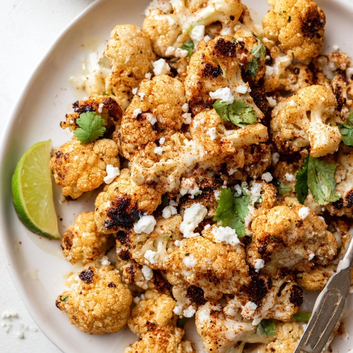 Crispy oven roasted Cauliflower Elote tossed in tangy lime crema, ready to share.