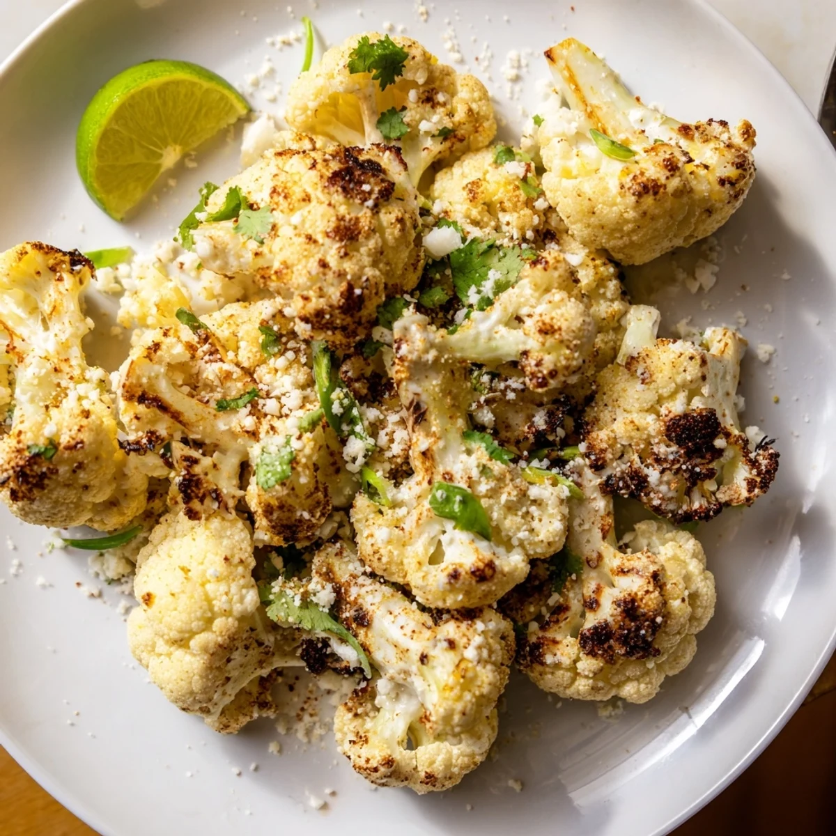 Smoky Cauliflower Elote with chili powder, cilantro, scallions, served warm.