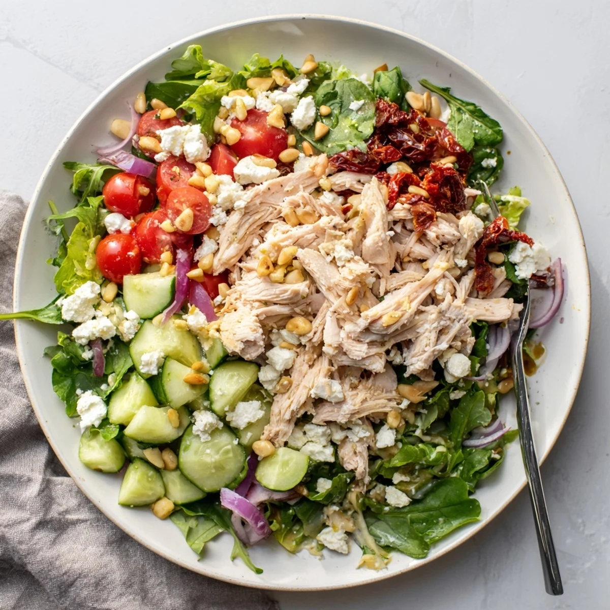 Golden sun-dried tomato chicken salad with tender chicken, crisp vegetables, and crumbled feta cheese