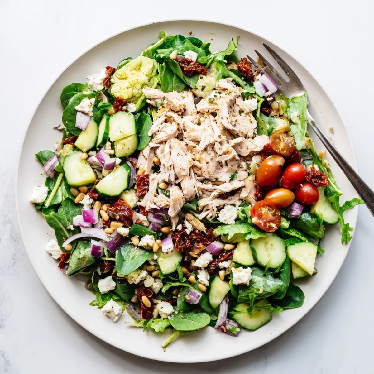 Protein-packed sun-dried tomato chicken salad featuring grilled chicken breast, vibrant veggies, and toasted pine nuts