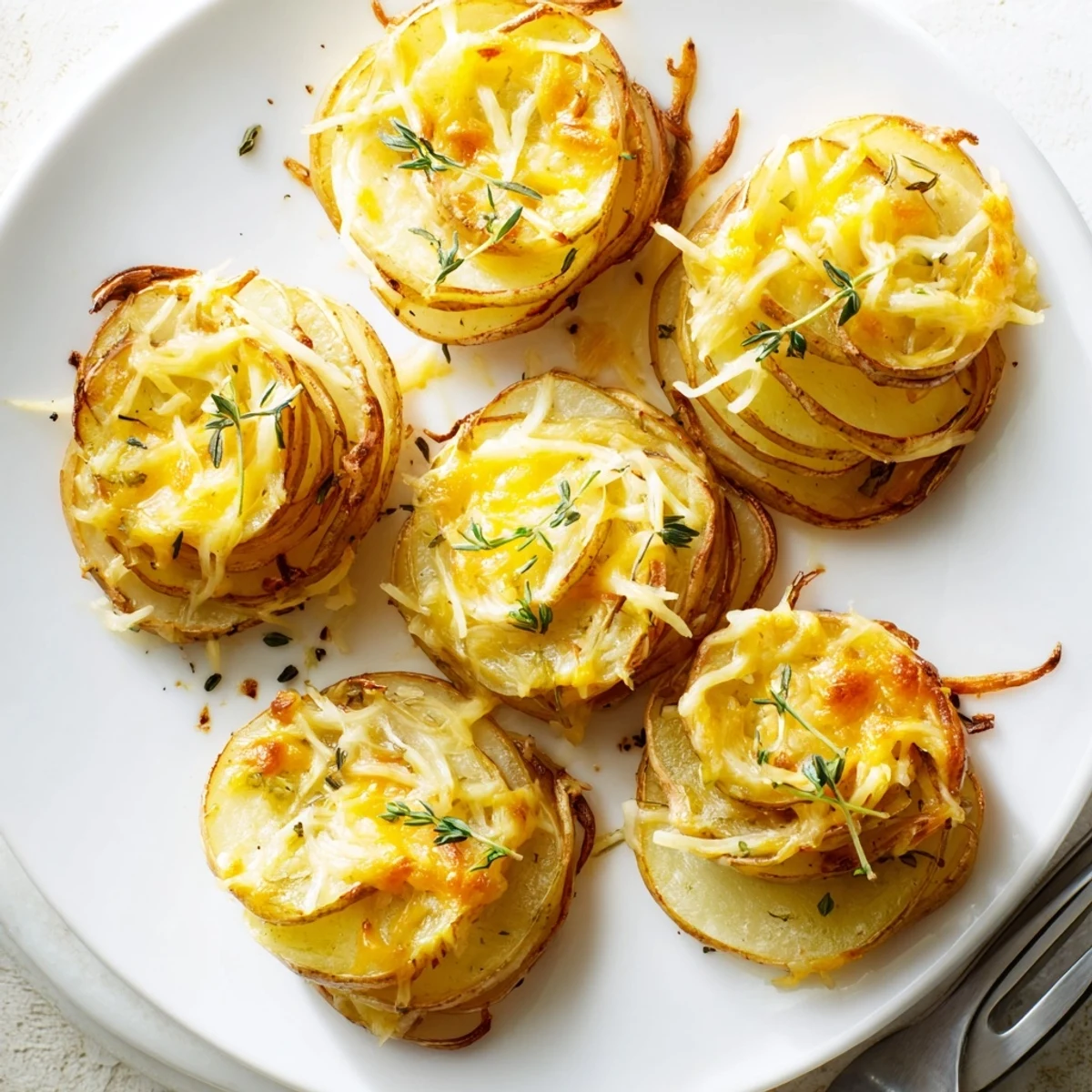 Golden cheese scalloped potato stacks arranged in a muffin tin with crispy melted cheese tops