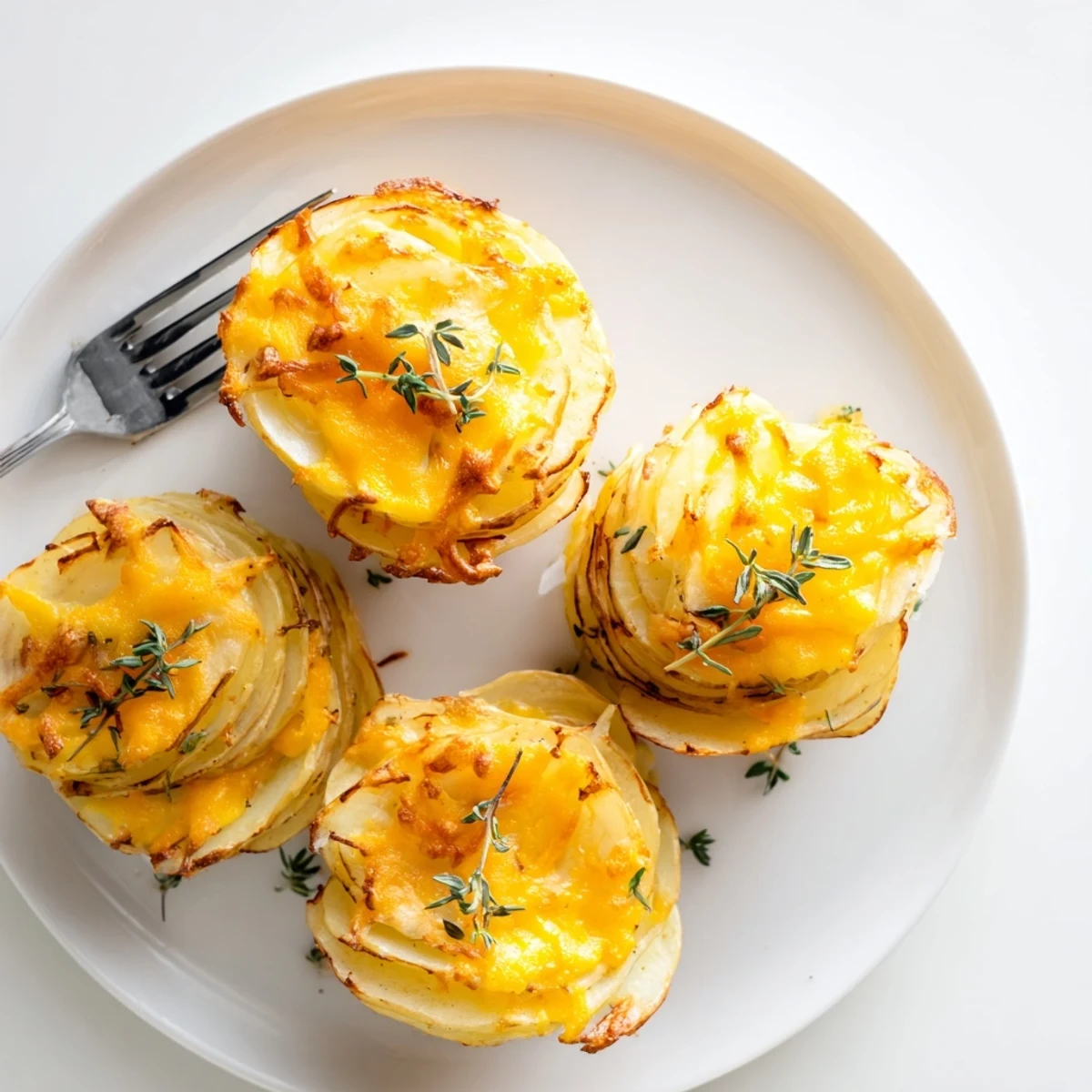 Creamy scalloped potato portions with fresh thyme garnish, served in perfectly sized individual stacks