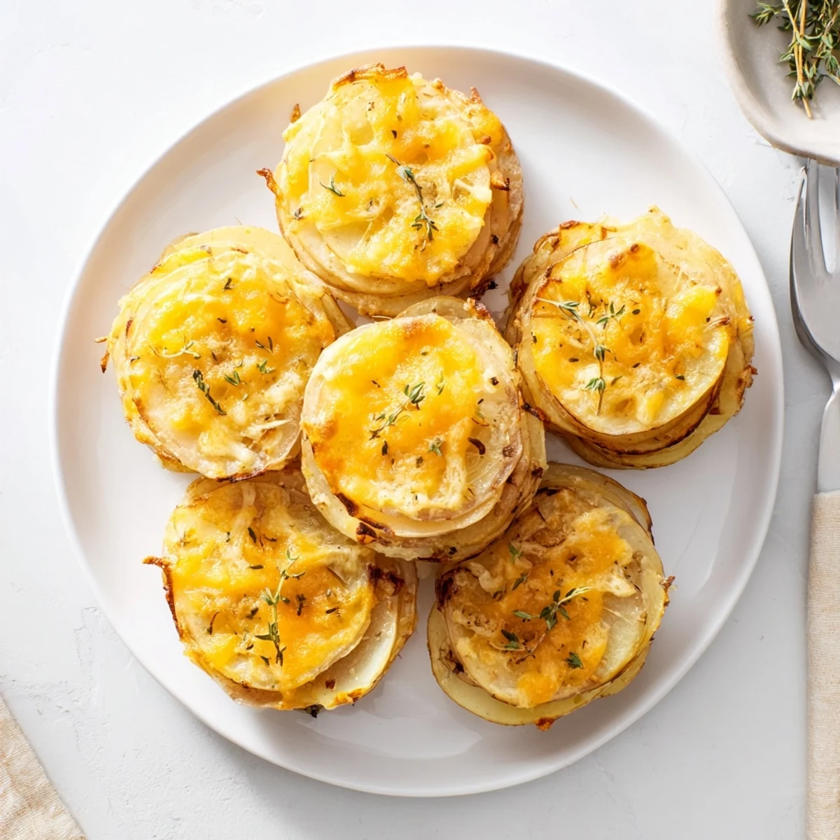 Individual potato stacks layered with sharp cheddar and gruyère, baked until golden and bubbling