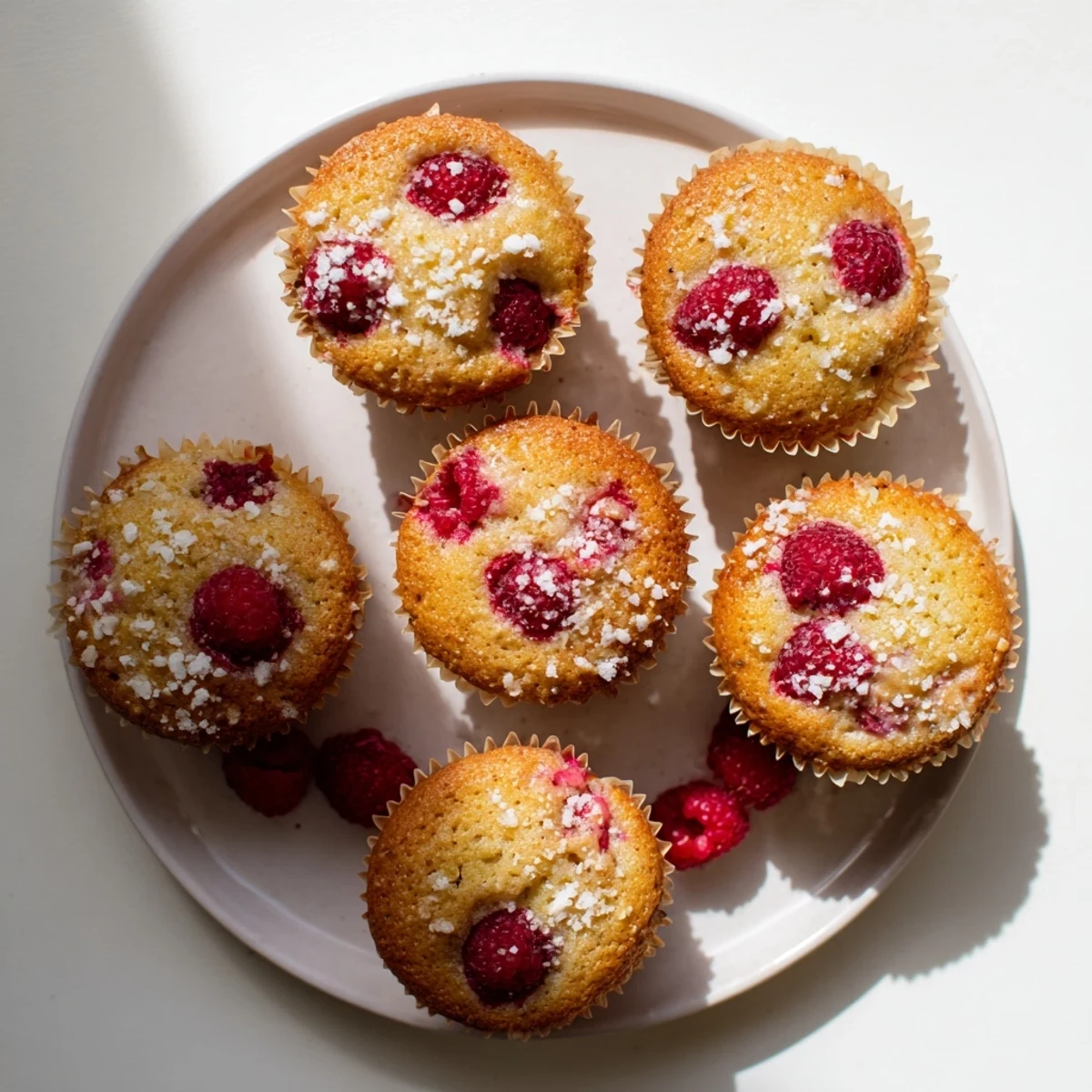 Golden raspberry lemon ricotta muffins topped with sparkling sugar on a wire cooling rack
