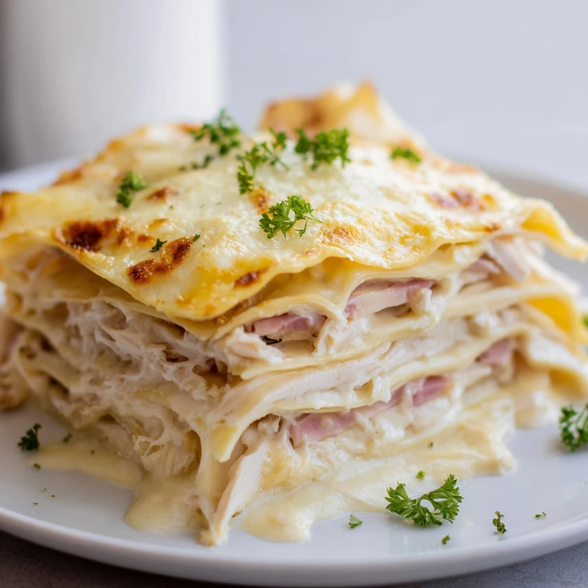 Golden brown Chicken Cordon Bleu Lasagna bubbling with melted Swiss and mozzarella cheese