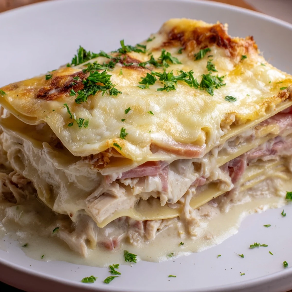 Sliced Chicken Cordon Bleu Lasagna revealing layers of ham chicken and creamy béchamel sauce