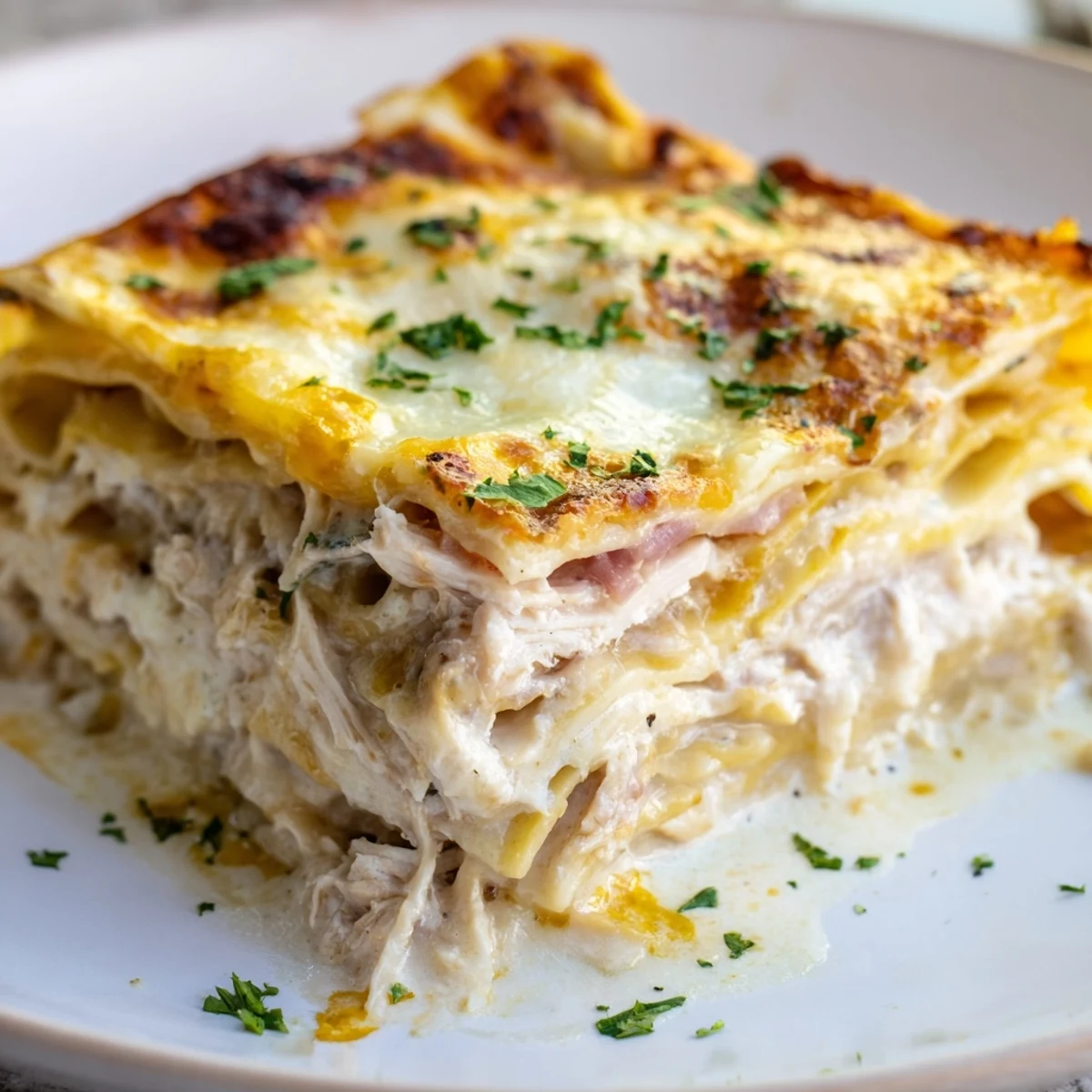 Baked Chicken Cordon Bleu Lasagna sprinkled with fresh parsley on a white serving plate