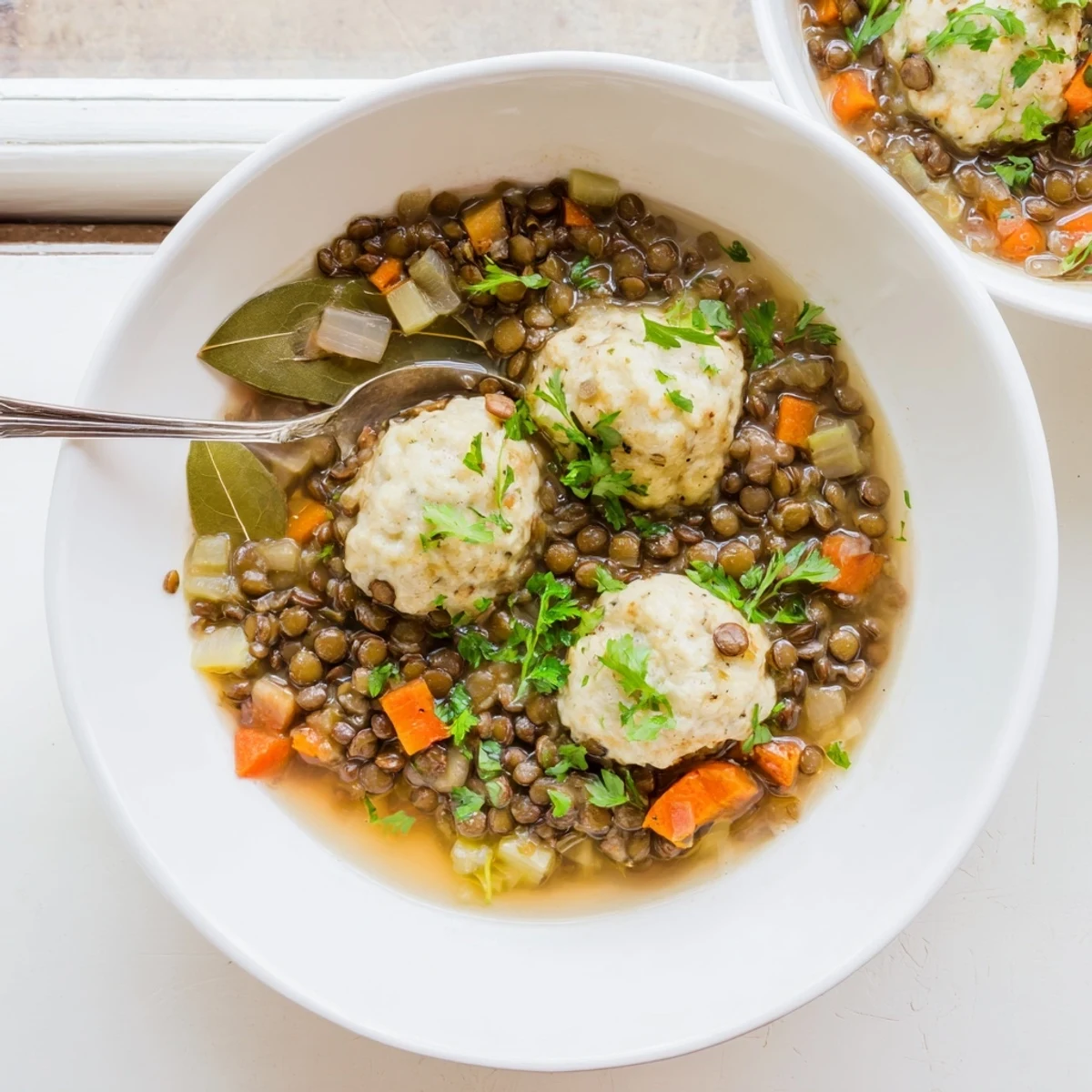 Golden lentil stew topped with fluffy parsley dumplings served in a rustic bowl