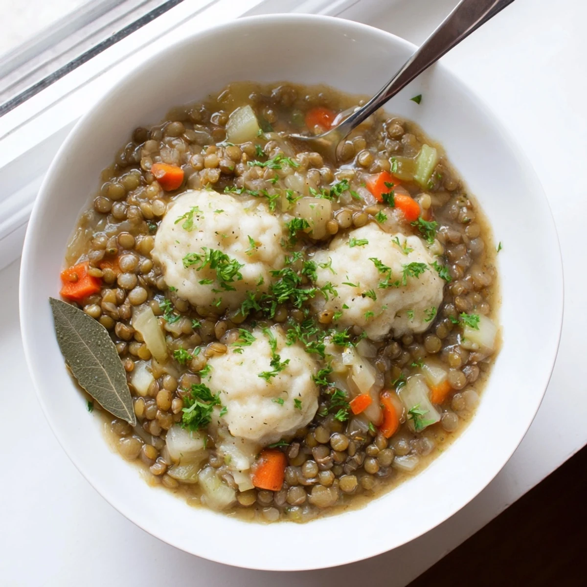 Hearty lentils with dumplings simmering in a rich broth with vegetables and fresh herbs
