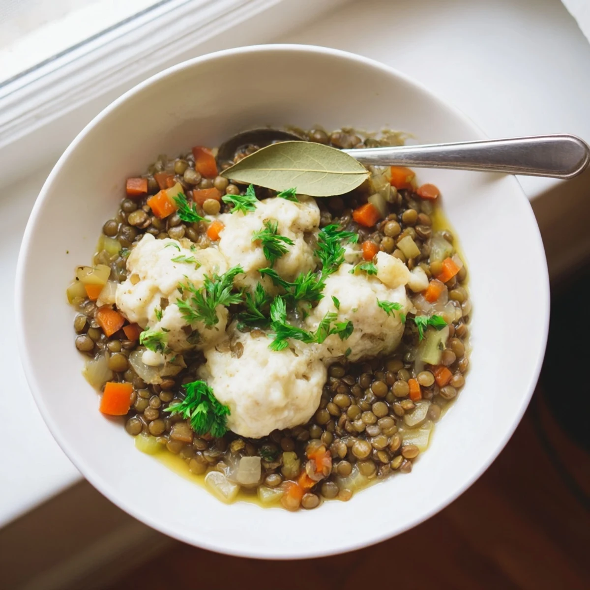 Comforting bowl of tender lentils with light fluffy dumplings garnished with fresh parsley