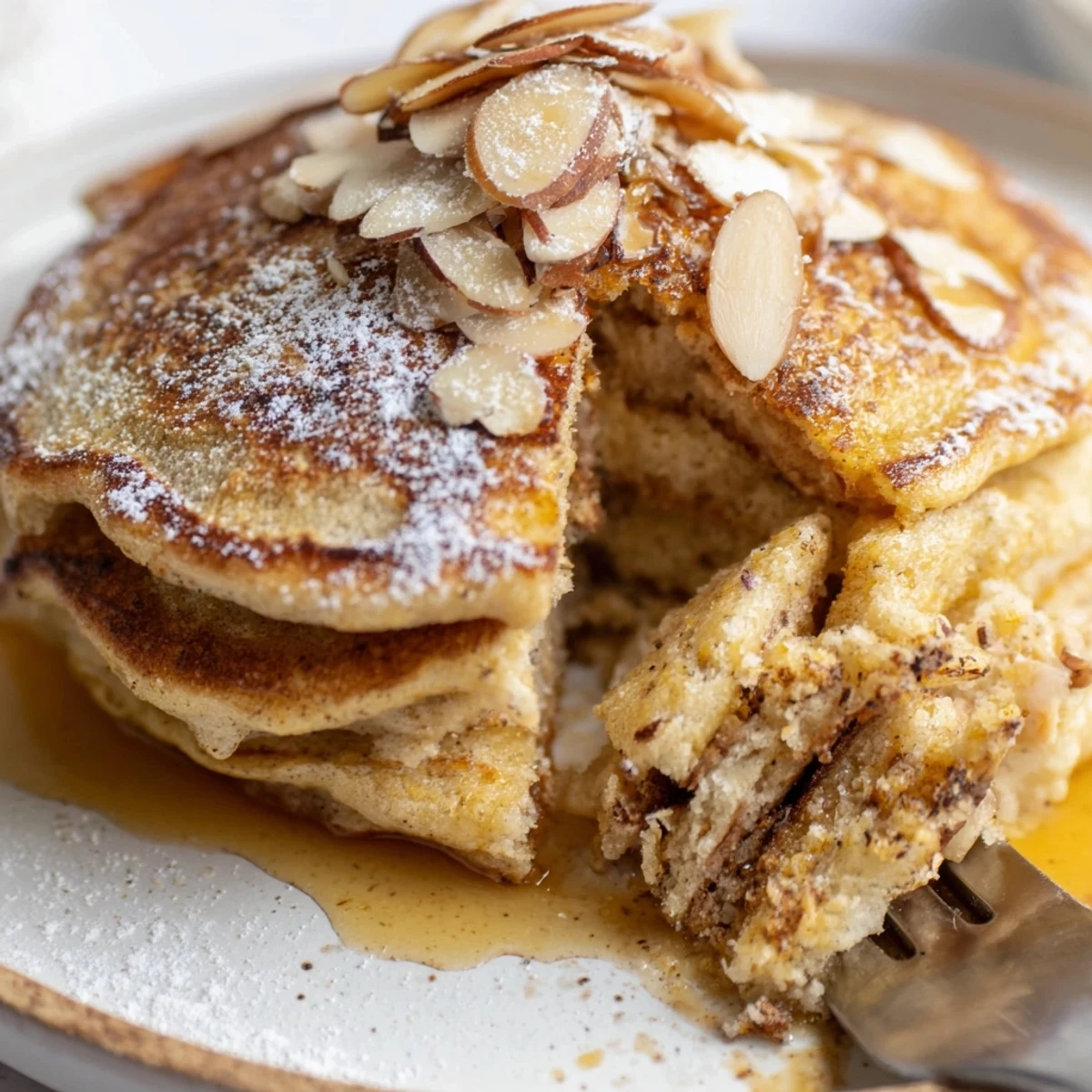 Stack of Almond Croissant Protein Pancakes dusted with powdered sugar, maple drizzle