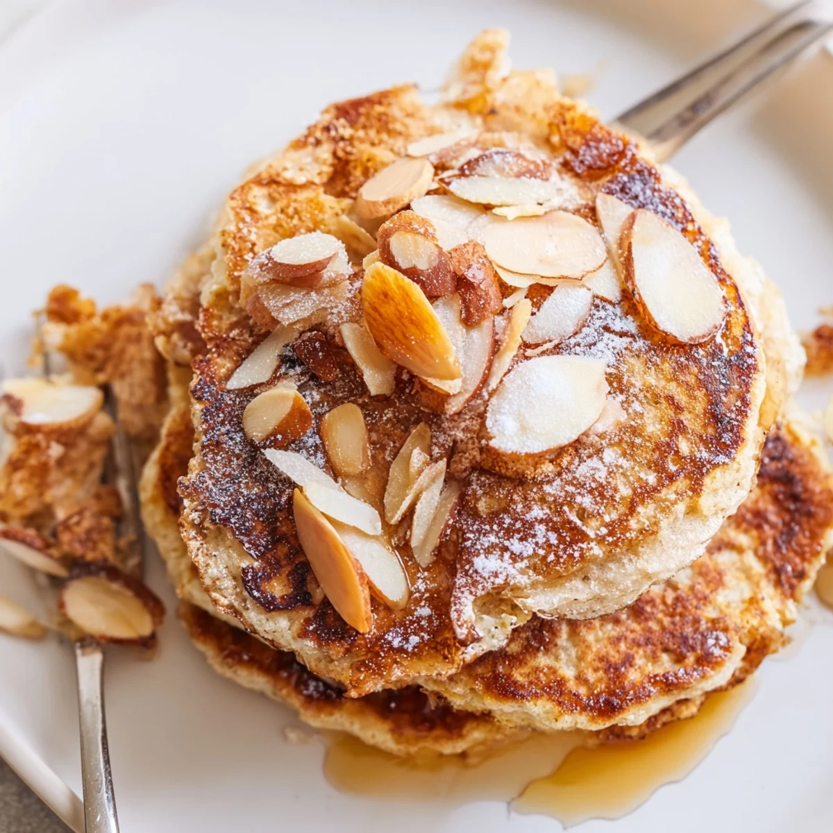Morning plate of Almond Croissant Protein Pancakes served with berries and Greek yogurt