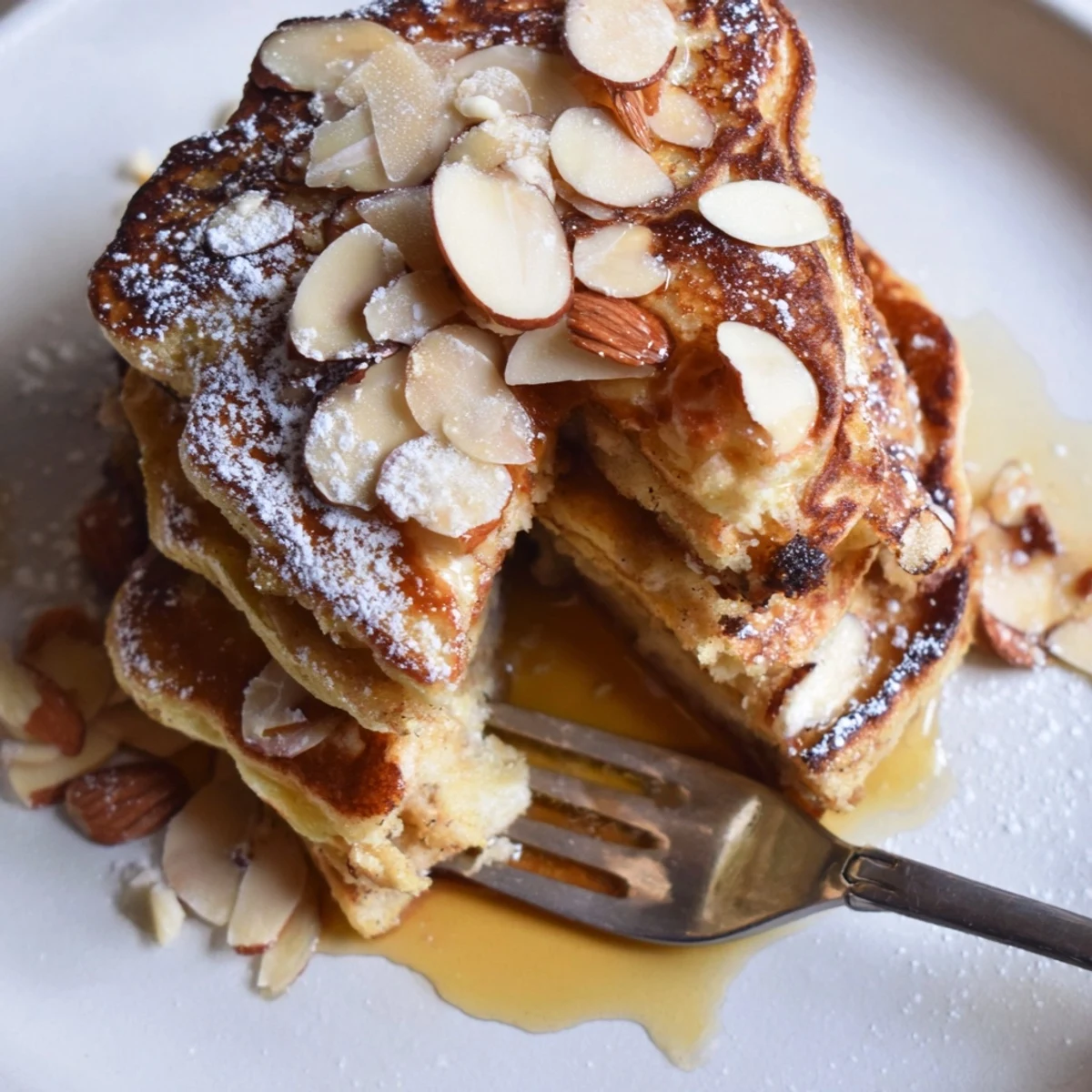 Golden Almond Croissant Protein Pancakes studded with toasted almonds, warm buttery scent