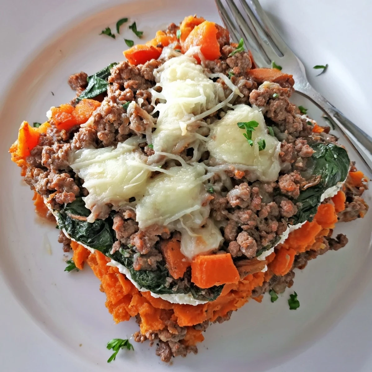 Cottage Cheese Ground Beef And Sweet Potato Casserole bubbling with golden melted cheese