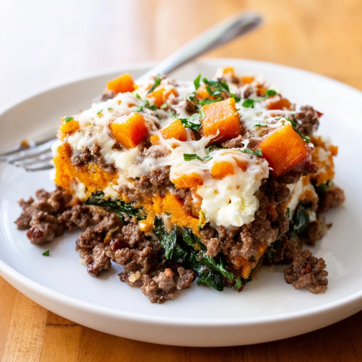 Hearty, steaming Cottage Cheese Ground Beef And Sweet Potato Casserole plated with parsley