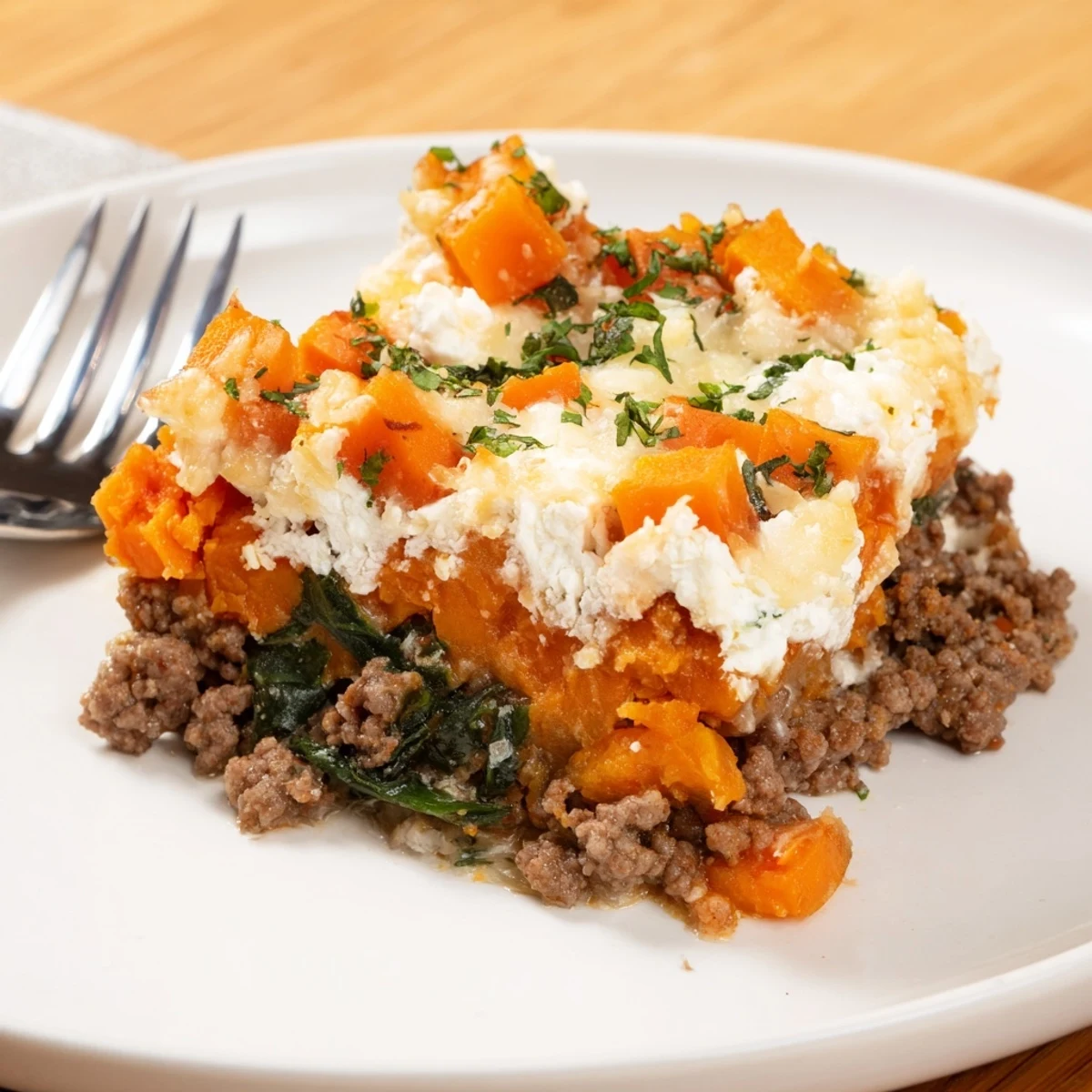 Family-style scoop served warm from oven: Cottage Cheese Ground Beef And Sweet Potato Casserole